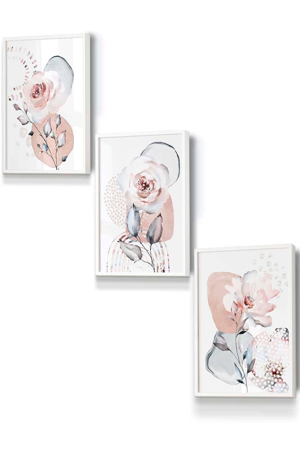 Set of 3 White Framed Abstract Blush Pink Botanical Wall Art